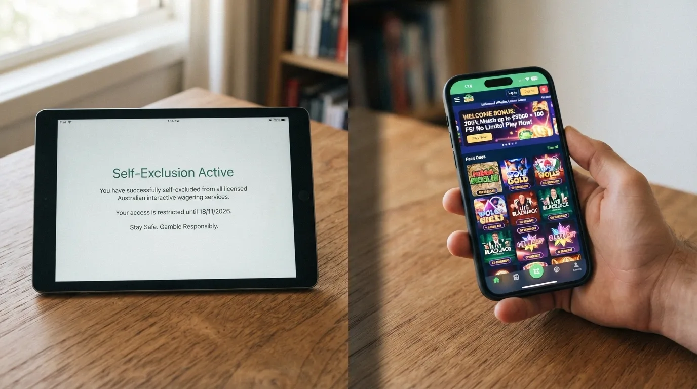 A split visual — one side shows the BetStop register interface with “Self-Exclusion Active” status, the other shows the same person's hand holding a phone with a casino lobby still open, a clear visual gap between them
