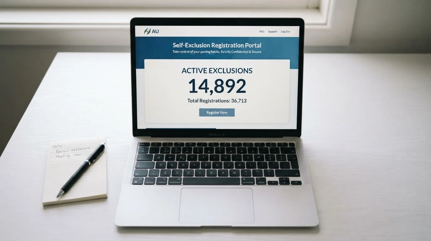 The BetStop National Self-Exclusion Register homepage on a laptop screen with the registration count visible