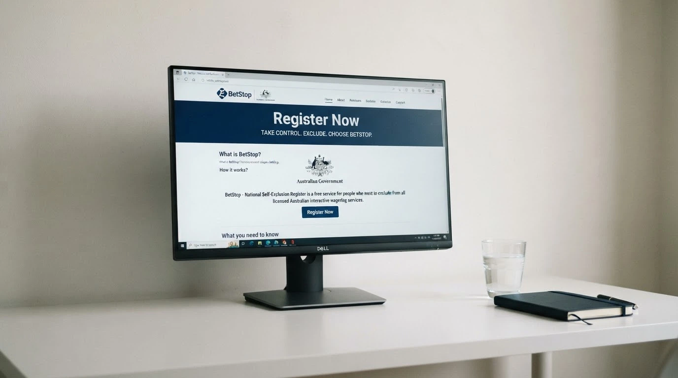 A computer screen displaying the BetStop National Self-Exclusion Register landing page with the registration option visible