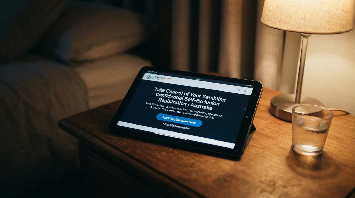 The BetStop National Self-Exclusion Register homepage on a device screen, with registration-options text visible