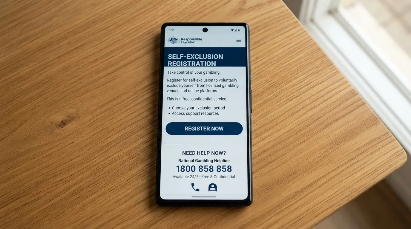 The BetStop National Self-Exclusion Register homepage on a smartphone, with the National Gambling Helpline number 1800 858 858 displayed