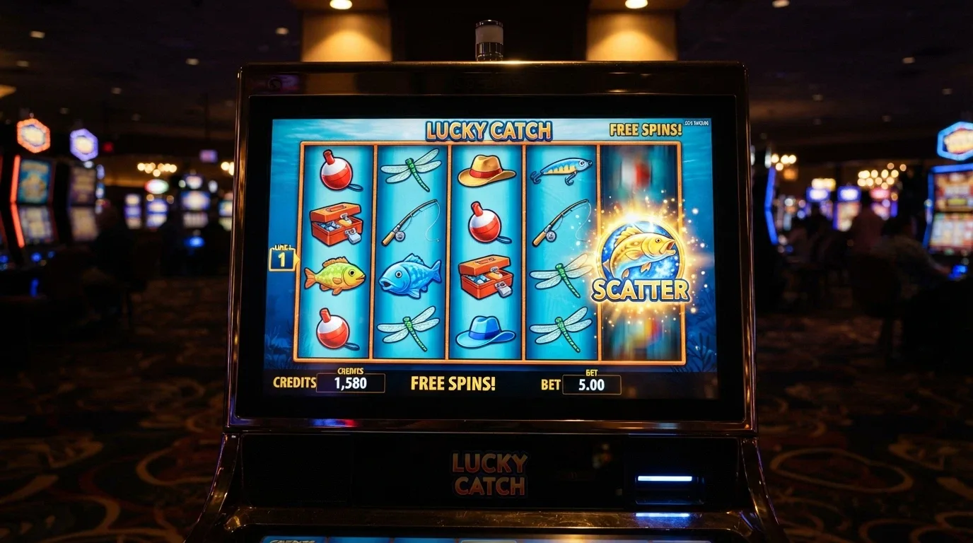 Big Bass Bonanza slot game screen showing the 5×3 reel grid with fishing-themed symbols, a fish scatter symbol highlighted