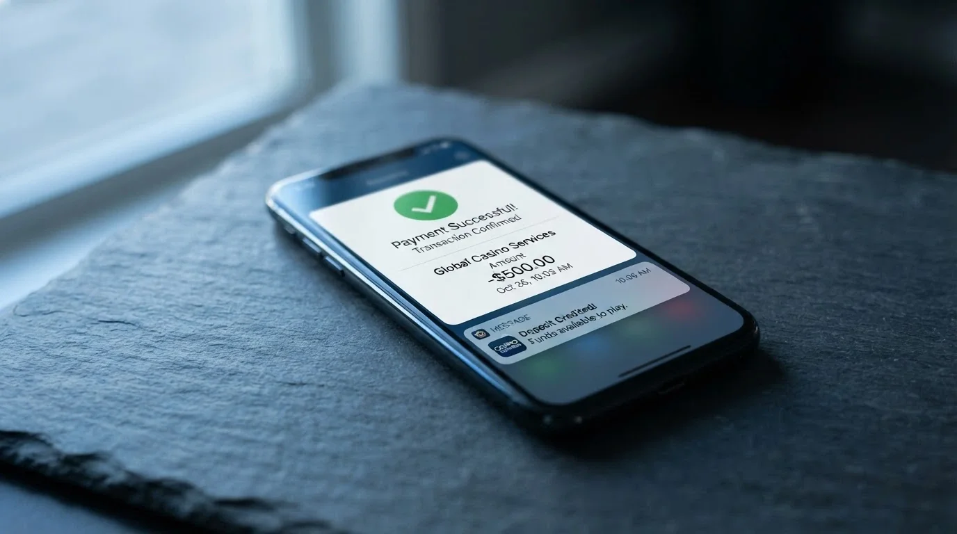 A smartphone showing a BCH transaction confirmation screen beside a casino cashier marked “deposit credited” with a timestamp minutes apart