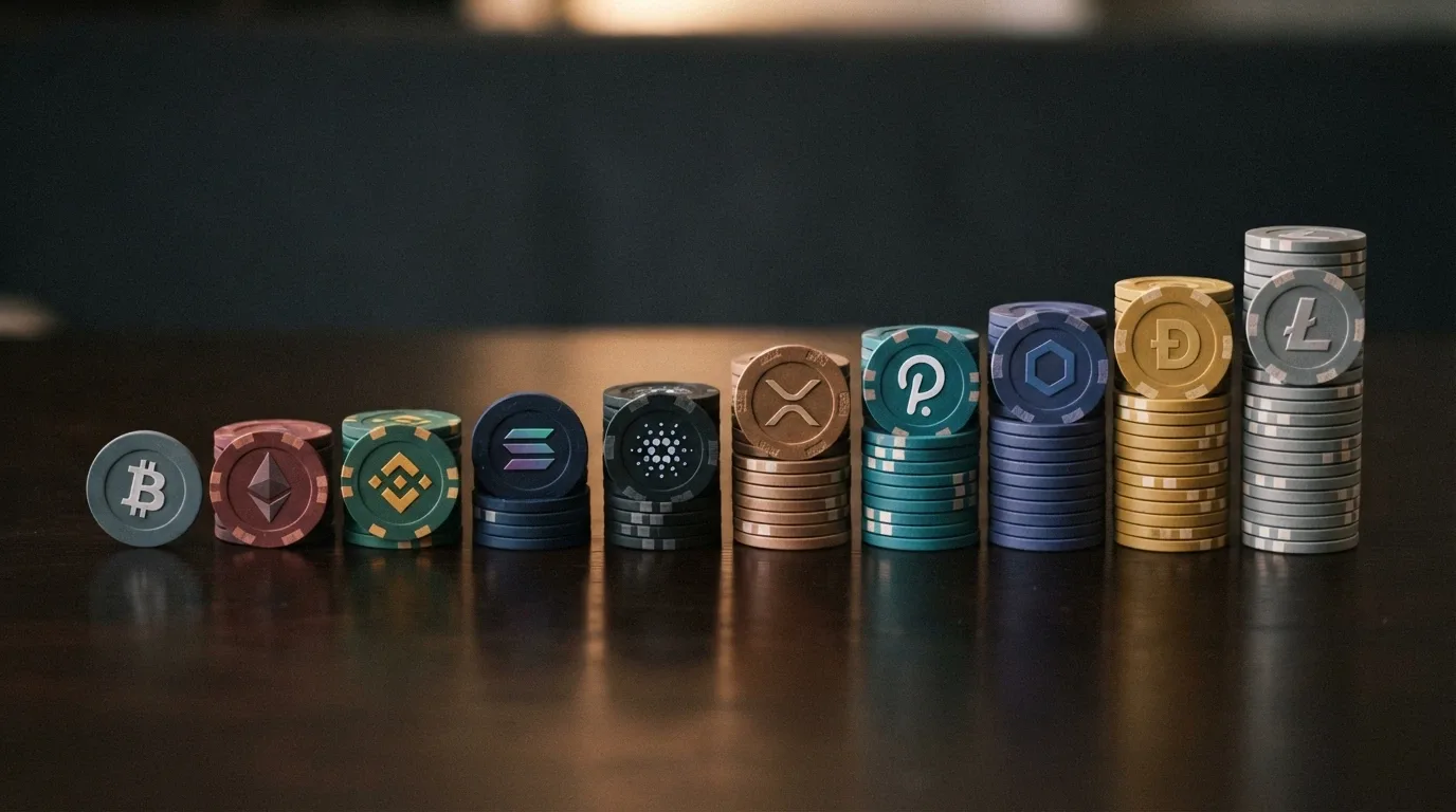 A row of ten casino chips, each marked with a different cryptocurrency symbol, arranged in ranked order