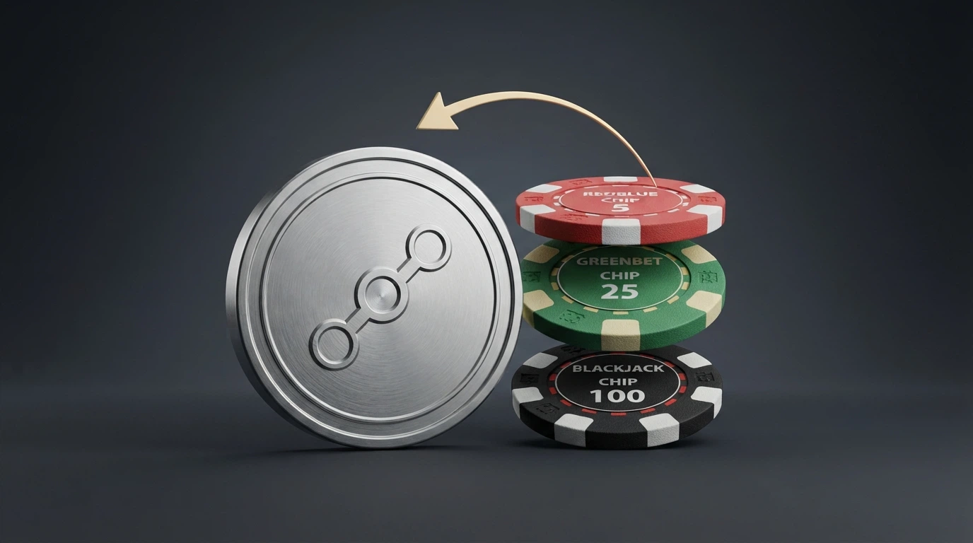 A Bitcoin symbol beside a casino chip with a percentage-rebate arrow circling back