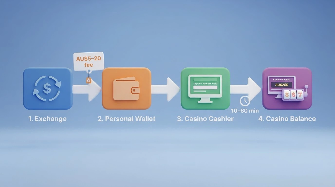 A simple four-step flow diagram: exchange app → personal wallet → casino deposit address → casino balance, with a network-fee label (AU$5–20) on the wallet-to-casino arrow and a confirmation-time label on the final arrow
