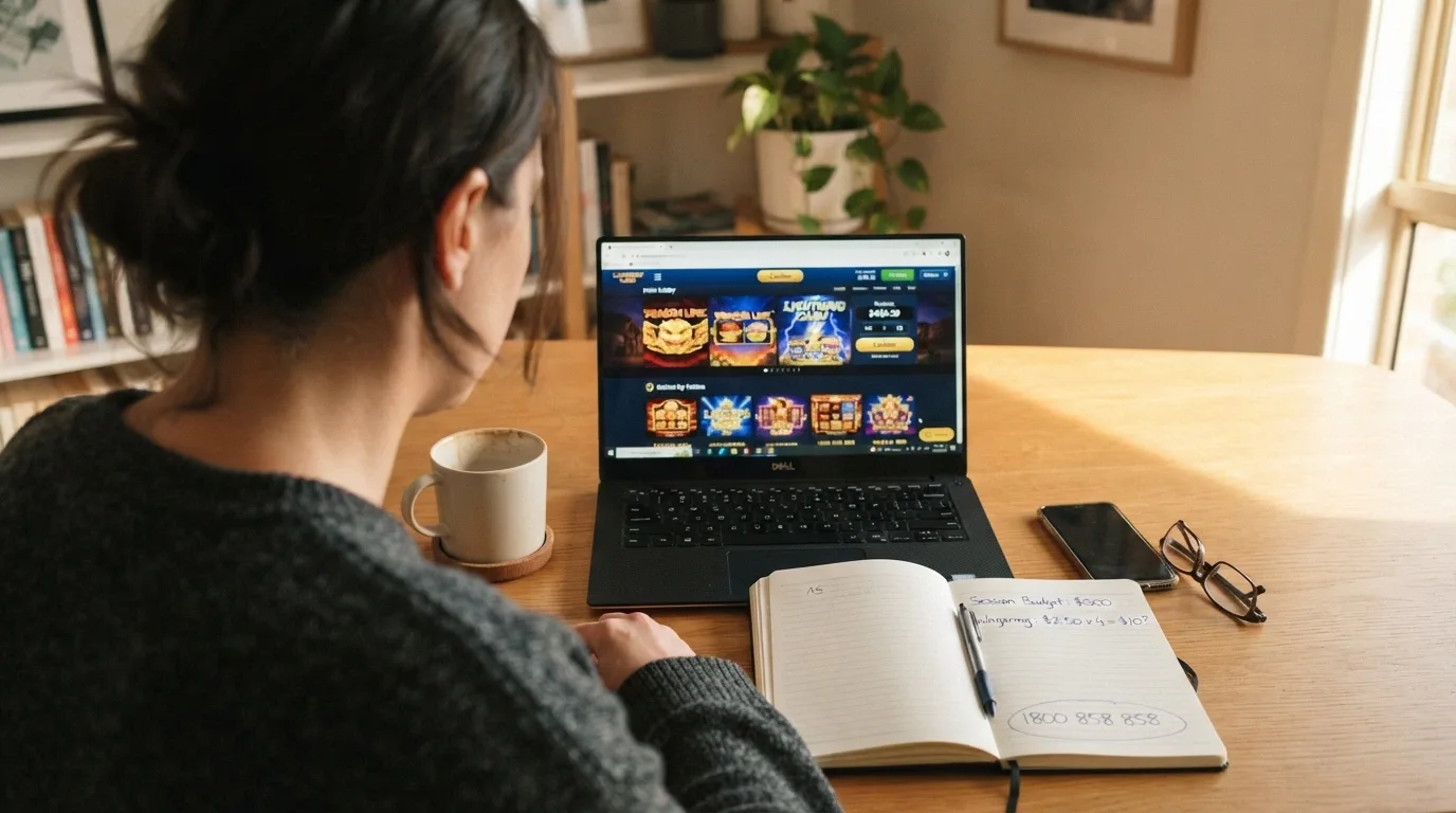 A contemplative wide shot of a player at a desk with a laptop open to a pokies lobby, a notebook beside the keyboard with handwritten figures — a session budget, a wagering calculation, and the helpline number — and a cup of coffee, the whole frame in warm afternoon light