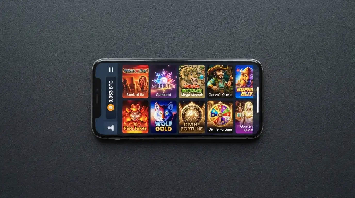 A smartphone screen displaying a grid of online pokies thumbnails with a Bitcoin deposit balance visible in the corner