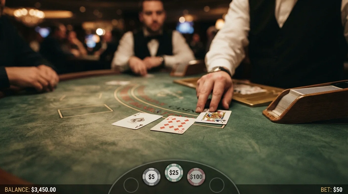 A close-up of a live blackjack table showing the dealer's hands placing cards on the felt, the shoe visible, and the player's betting interface with chip denominations overlaid on screen.