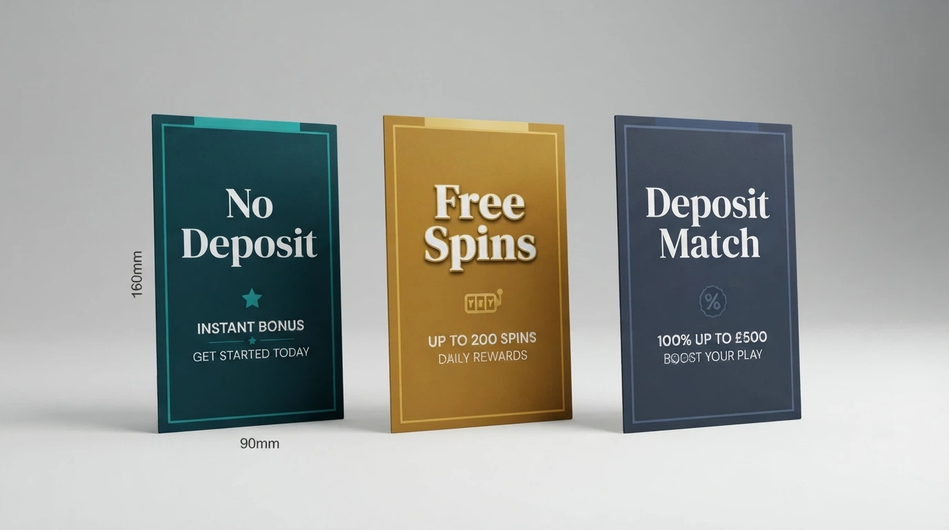 Three stylised offer cards side by side — one labelled no-deposit, one free spins, one deposit match — with different coloured highlights