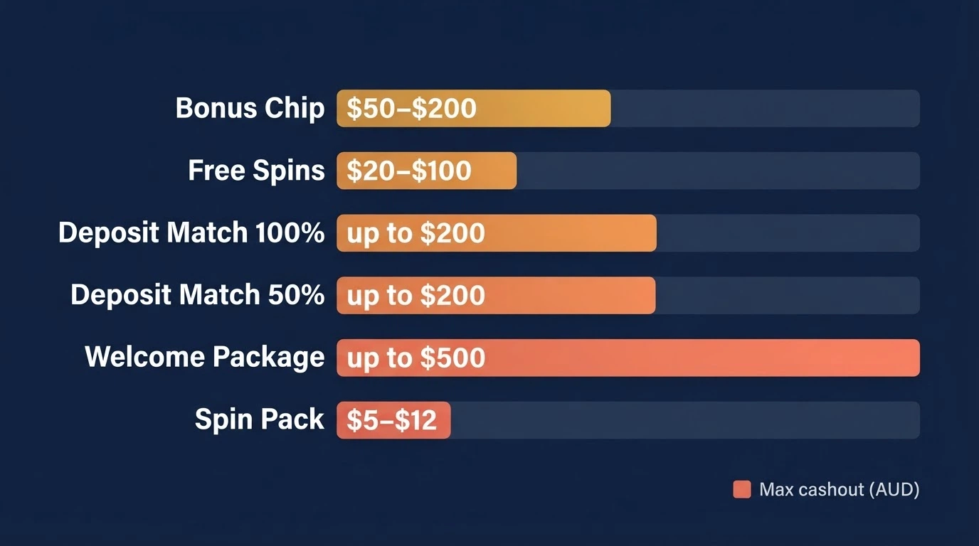 A comparison layout showing six bonus types with their real cash values highlighted