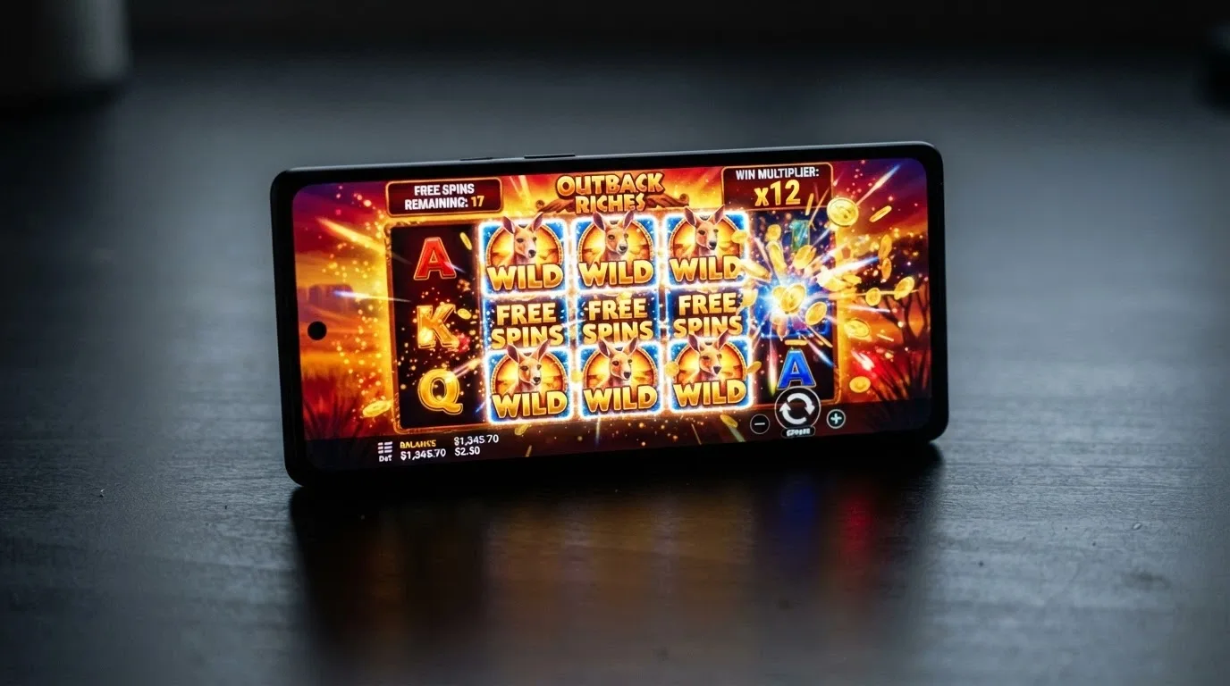 A free-spins bonus round active on a 5-reel pokie with extra wilds landing on the reels