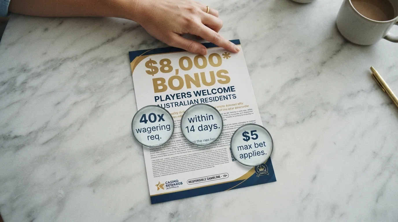 A welcome-bonus advertisement overlaid with magnified fine-print callouts highlighting the wagering multiple, the max-bet cap and the expiry date