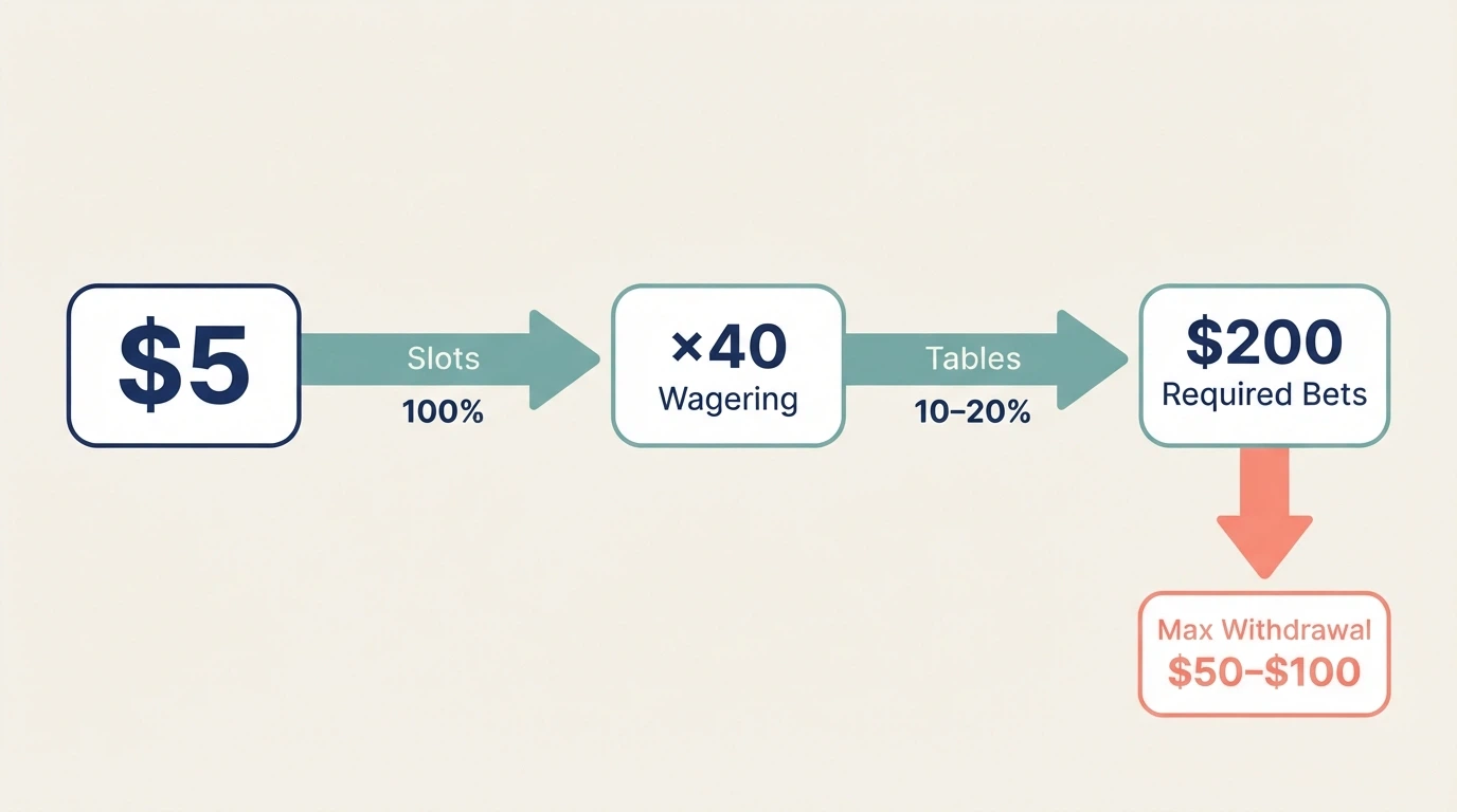 A visual breakdown of a $5 bonus turning into $200 of required wagers, with arrows mapping the multiplier, game contributions and the final withdrawal cap