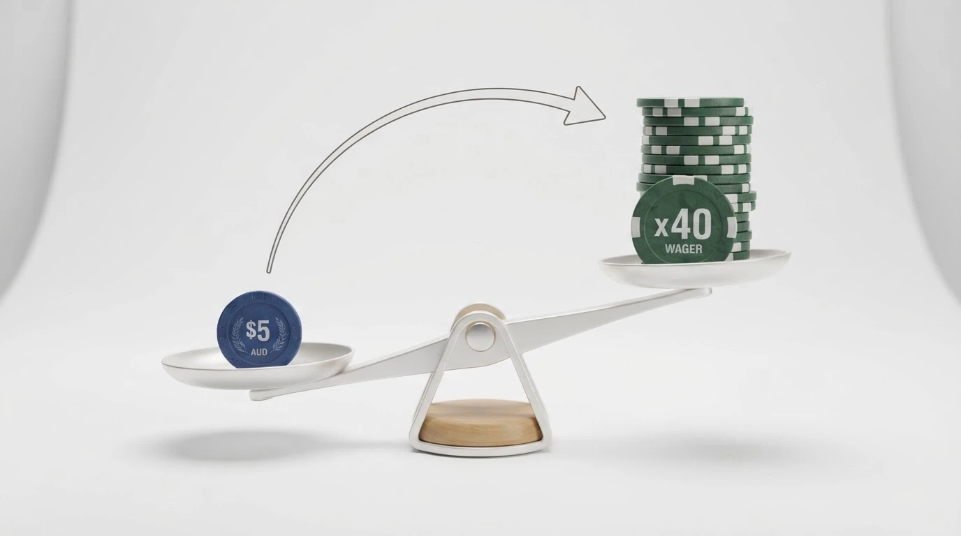 A stylised calculator or balance-scale graphic showing a small AU$5 coin on one side and a much larger stack labelled “Wagering Requirement ×40” on the other, with an arrow showing the turnover path between them