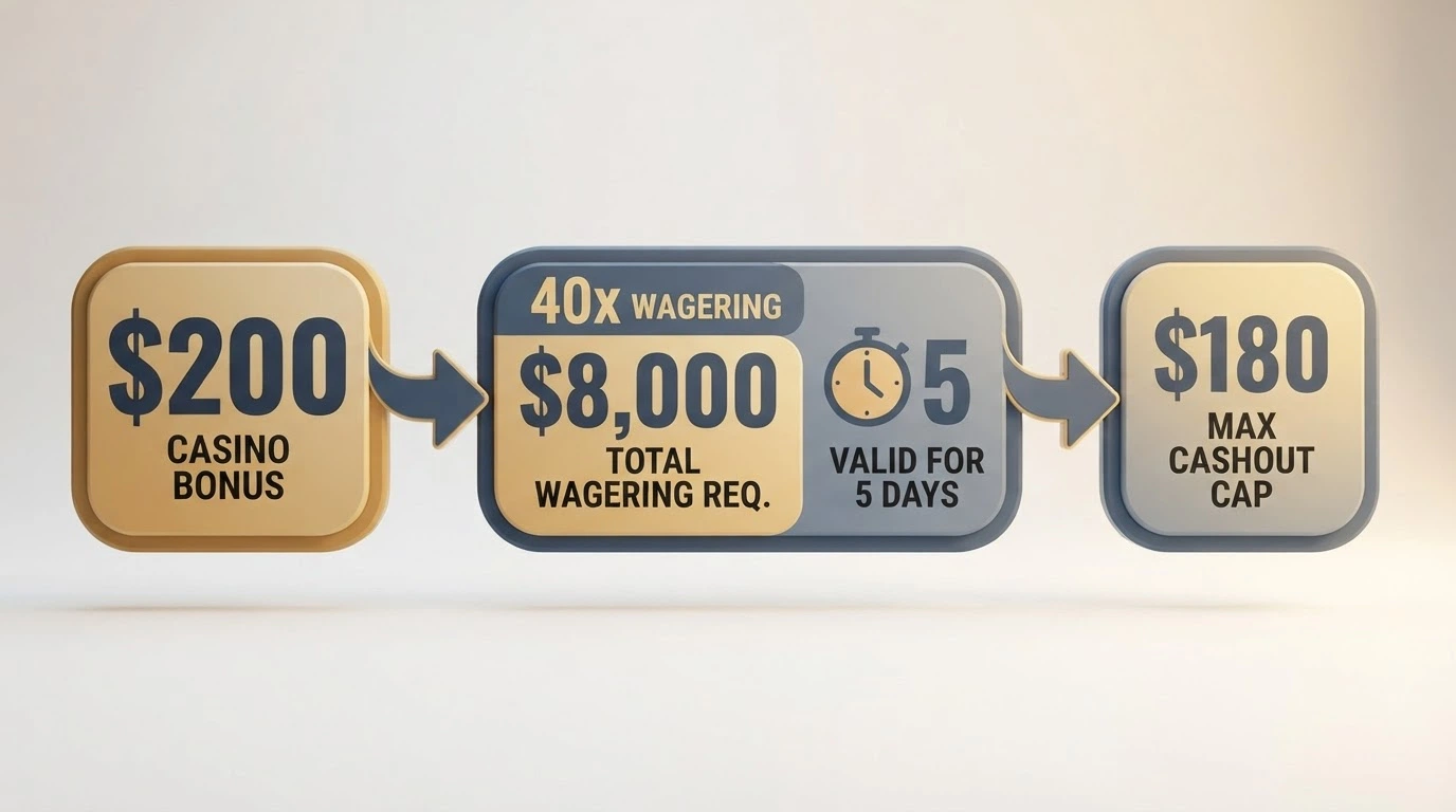 A visual breakdown of a bonus offer: the headline figure, the wagering-multiple arrow, the validity clock, and the shrunken cashout figure