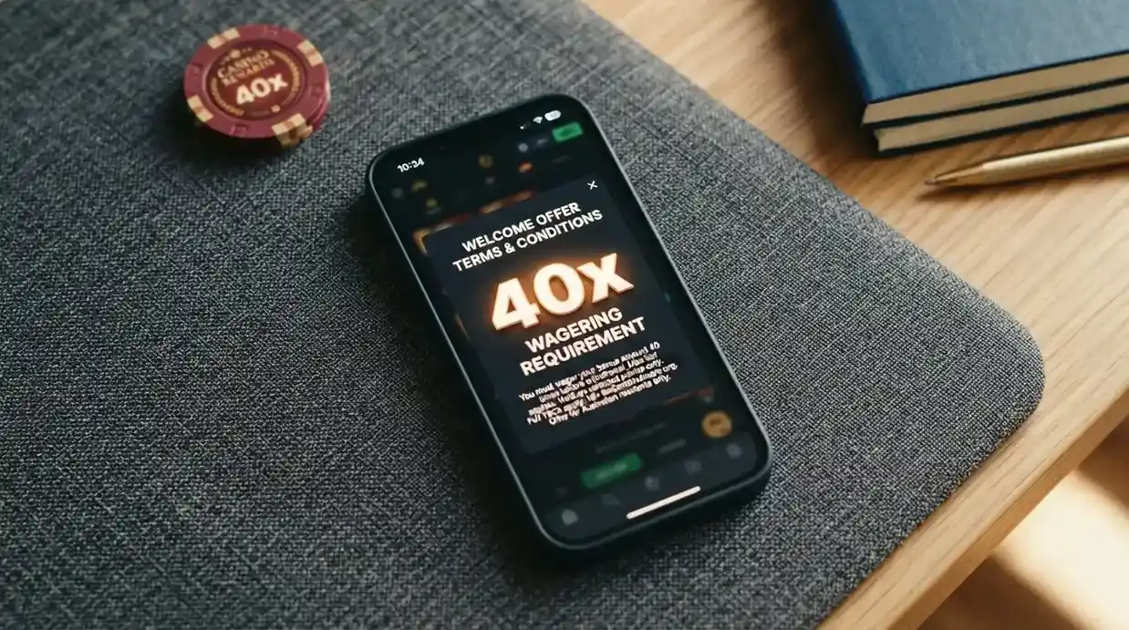 A smartphone showing a casino bonus terms pop-up with a wagering requirement highlighted on screen