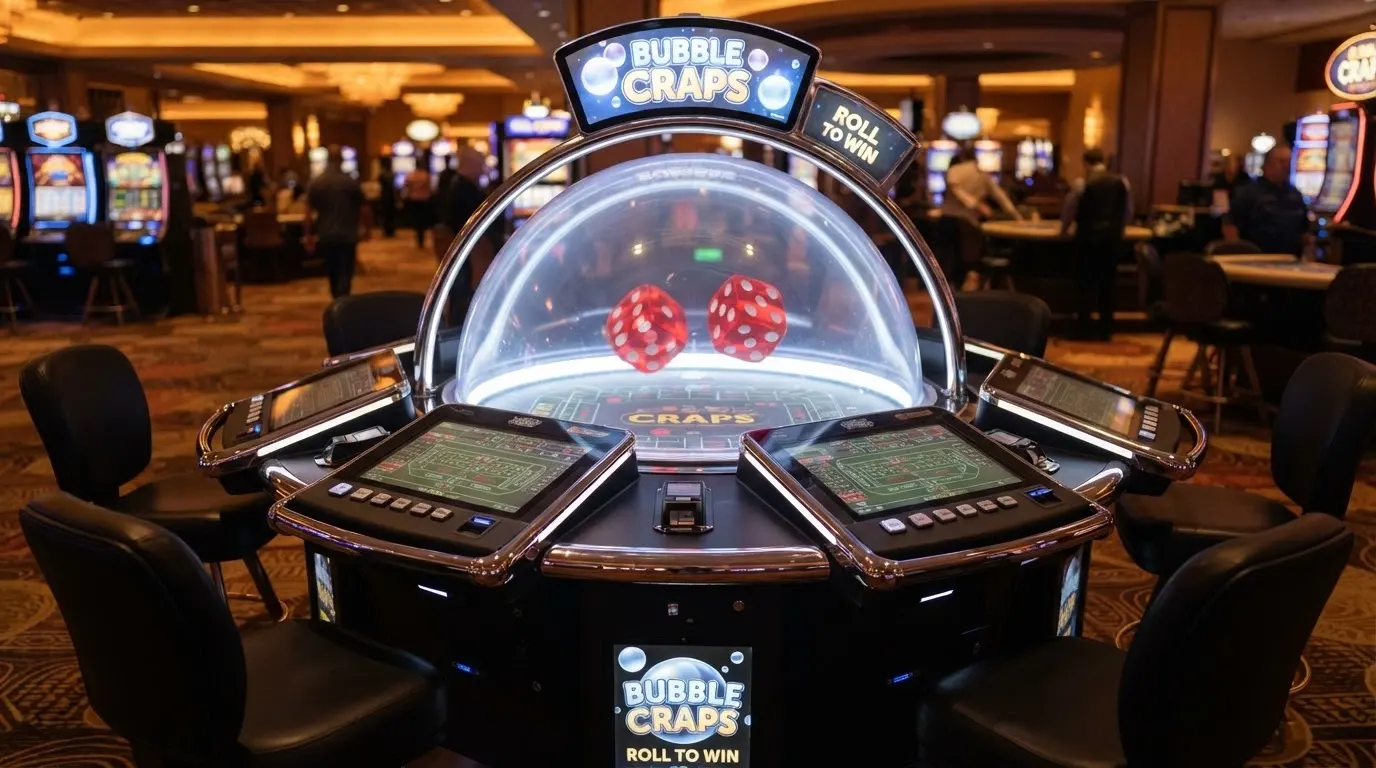 A bubble craps machine with its large central dome and digital dice display, surrounded by individual player terminals