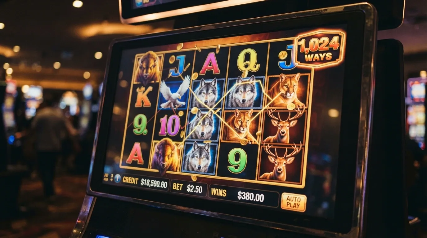 Buffalo pokie 5×4 reel grid with wildlife symbols — buffalo, eagle, wolf — and the Xtra Reel Power 1,024-ways display active