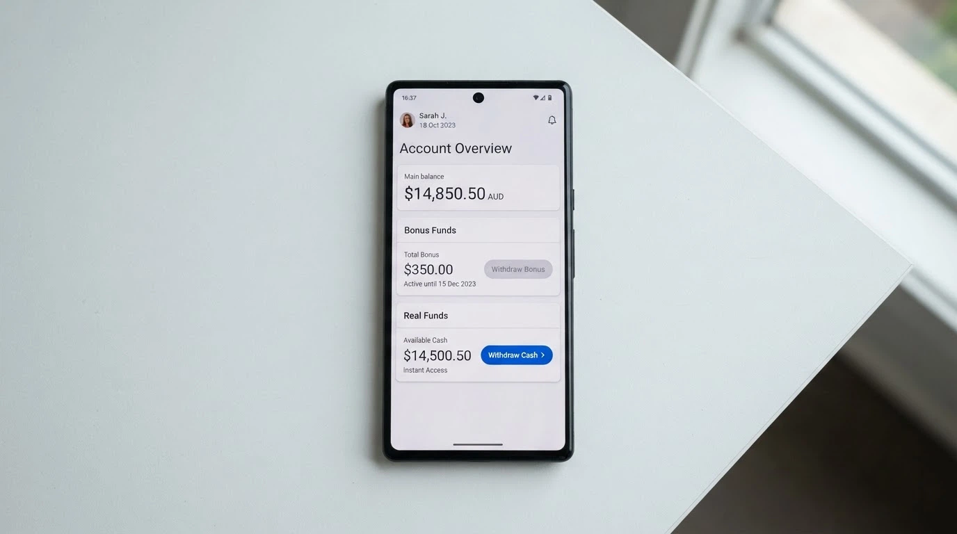 A simplified balance-screen mock-up showing bonus funds and cash funds as two separate line items with a withdrawal button greyed out beside the bonus balance