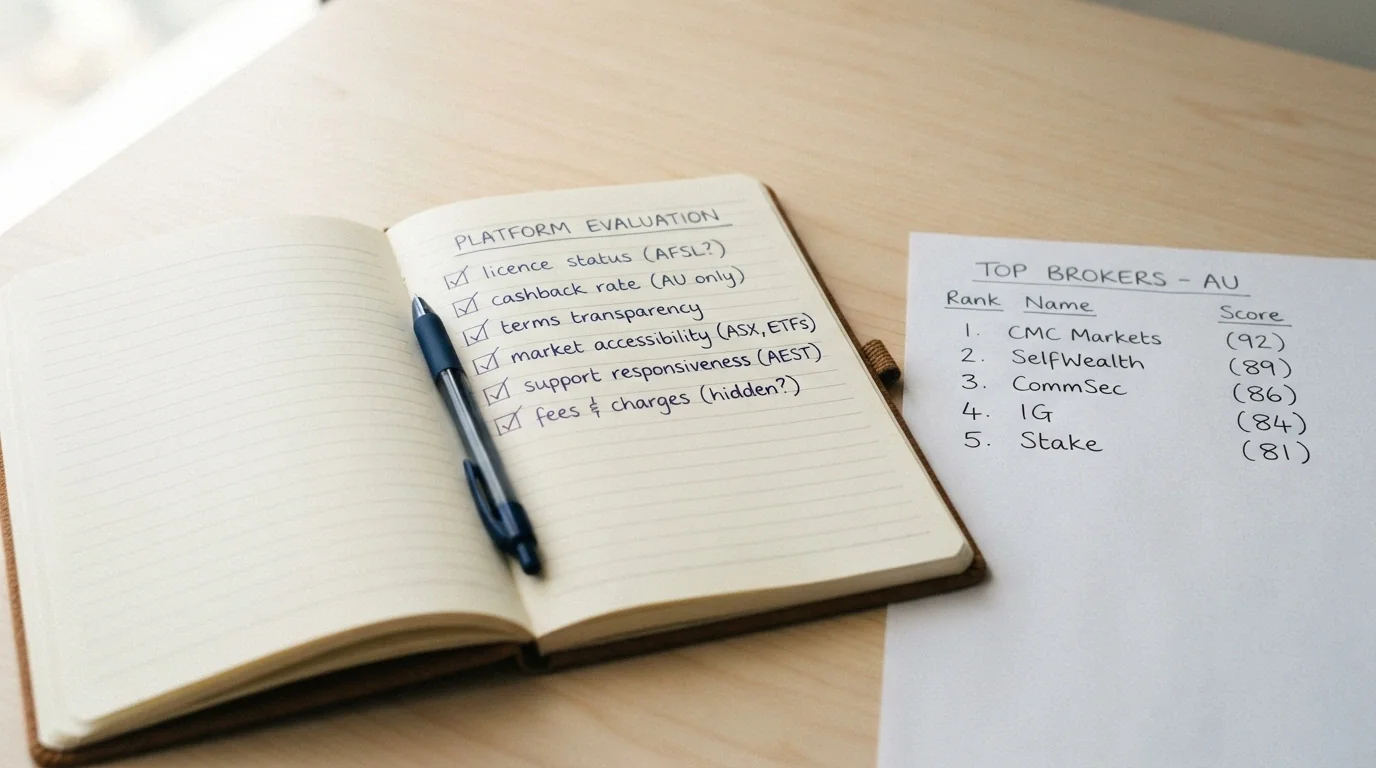 A checklist of evaluation criteria — licence status, cashback rate, terms transparency and AU accessibility — on a notepad beside a rankings list