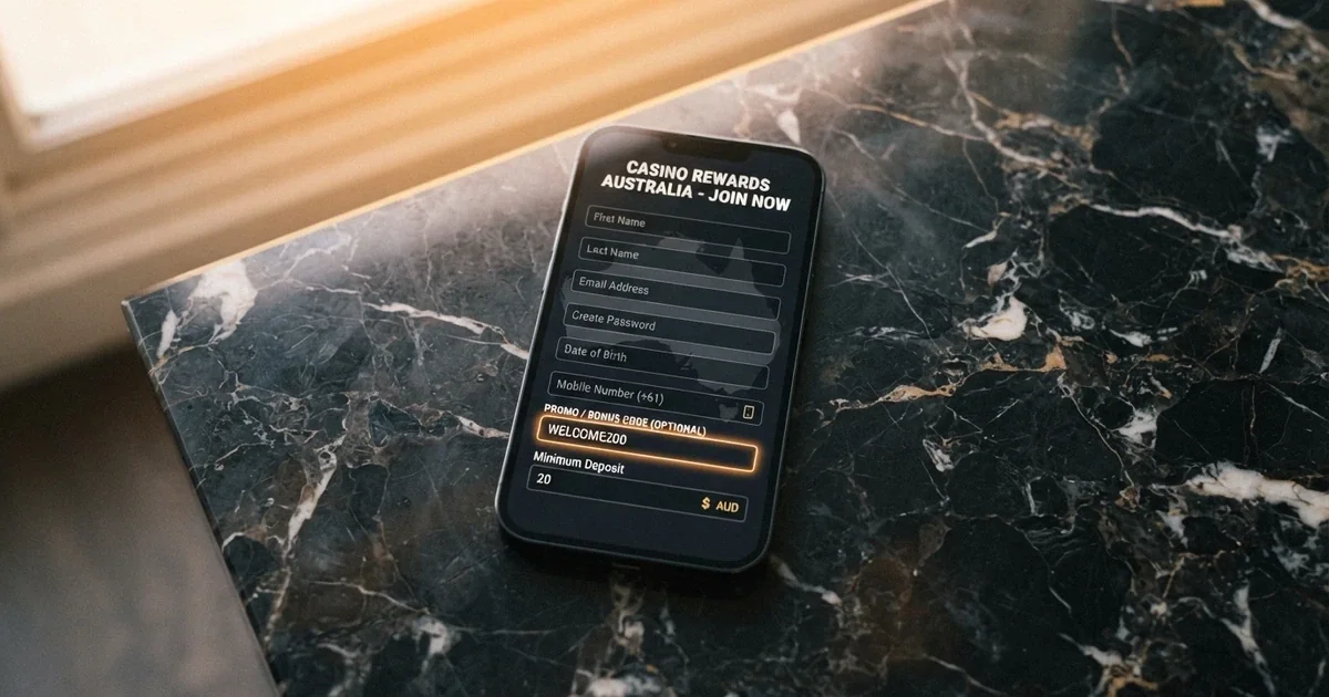 A smartphone screen displaying an online casino signup form with a bonus-code entry field highlighted, Australian context