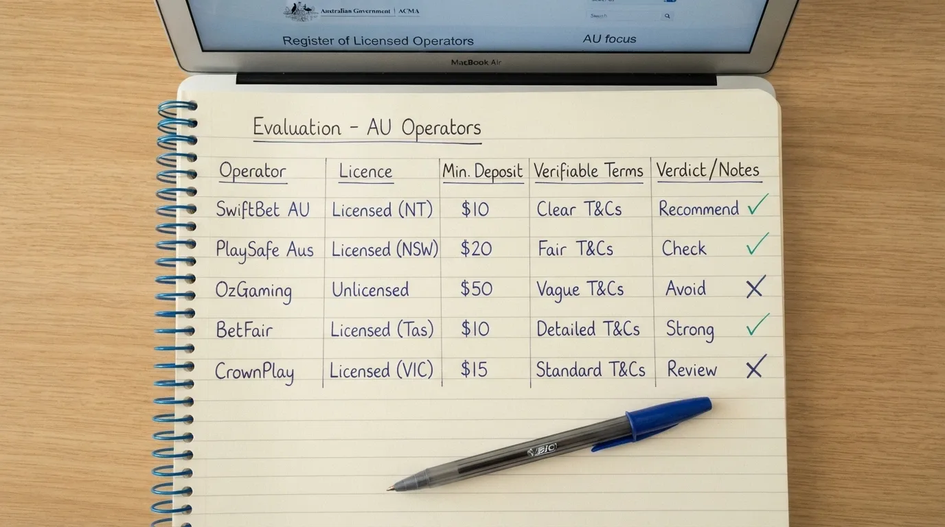 An overhead shot of a notepad with handwritten evaluation columns — Operator, Licence, Min. Deposit, Verifiable Terms — with ticks and crosses beside each row, a laptop showing ACMA data in the background