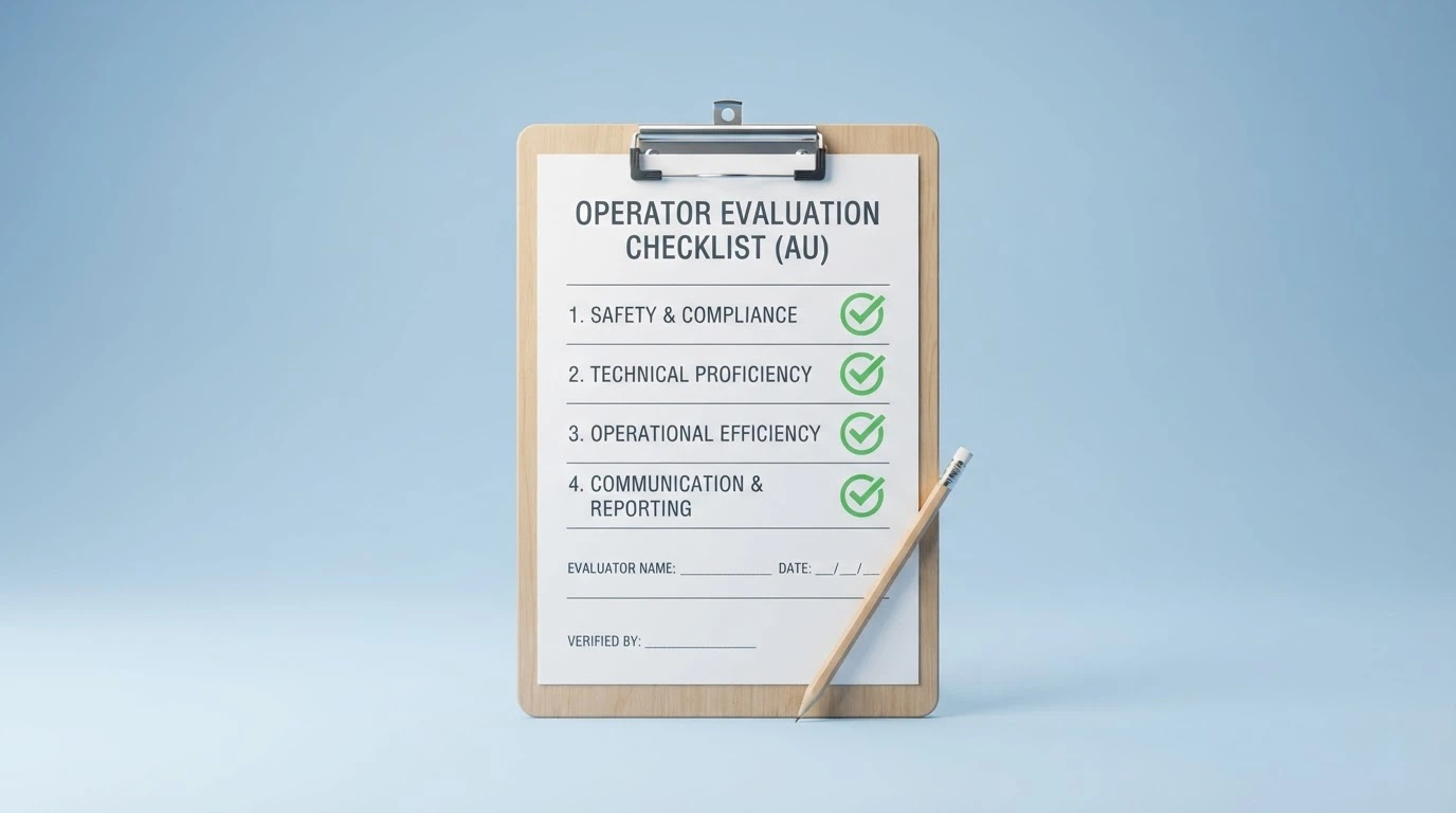 A checklist-style visual showing the evaluation dimensions — licence status, withdrawal speed, bonus terms net of wagering, AU accessibility — with tick-mark indicators