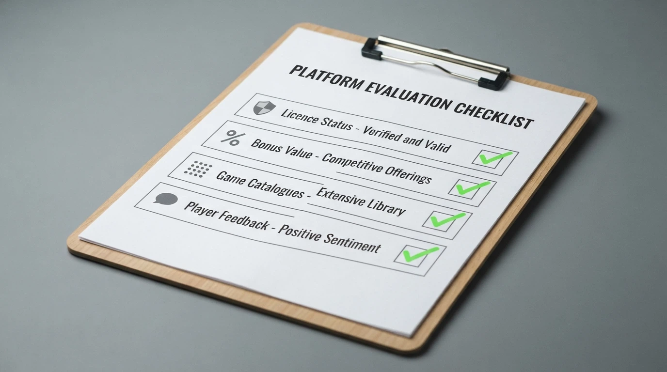 A checklist-style visual with tick marks beside icons for licence check, bonus-terms review, game-provider count and player-feedback assessment
