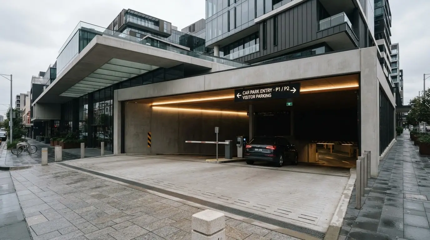 The vehicle entrance to The Star Brisbane casino car park on William Street with directional signage