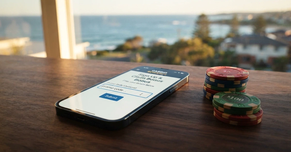 A smartphone screen displaying a casino sign-up form with a promo code field highlighted, overlaid on a muted Australian flag or map outline