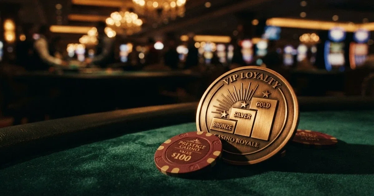 A glowing VIP badge or loyalty card on a dark casino backdrop, with tier-progression visuals suggesting ascending status levels