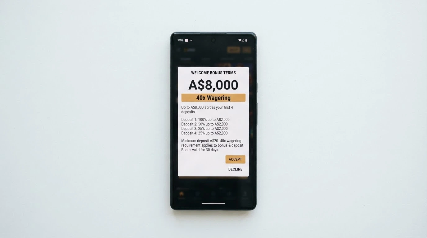 An Android phone screen showing a casino welcome bonus terms pop-up with the wagering requirement figure highlighted