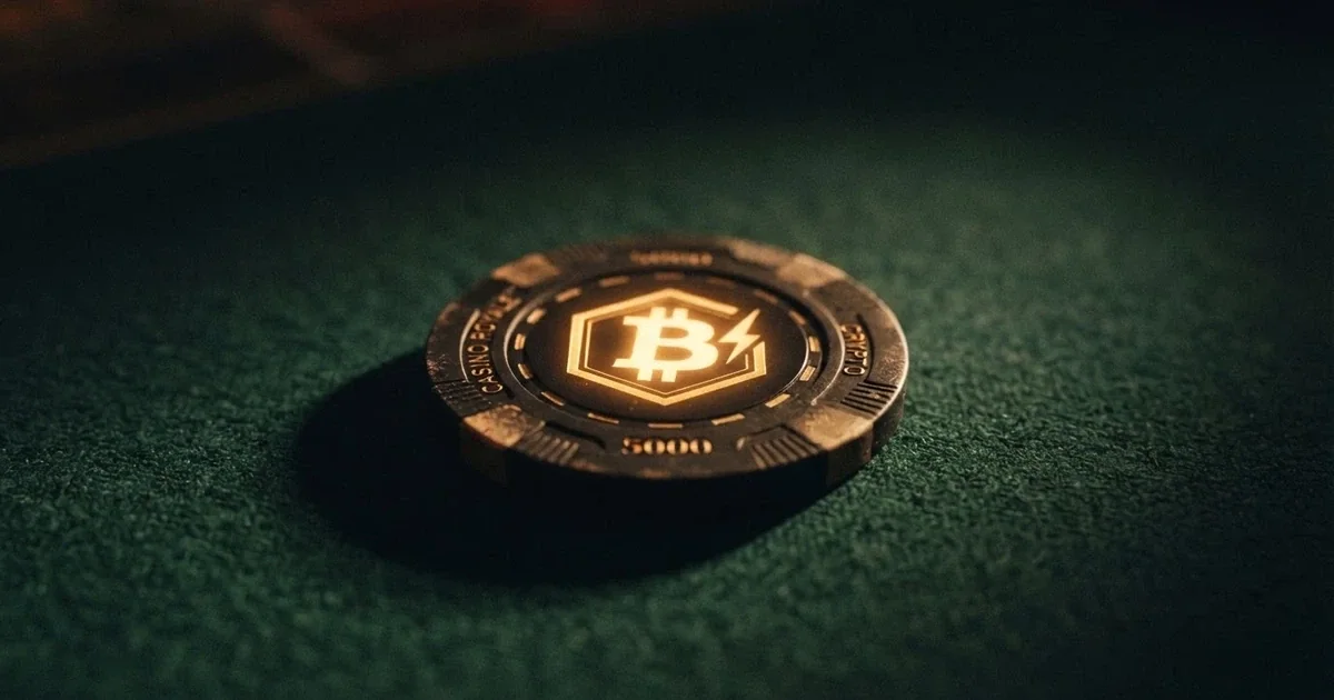 A Bitcoin symbol centred on a casino chip against a dark green felt background