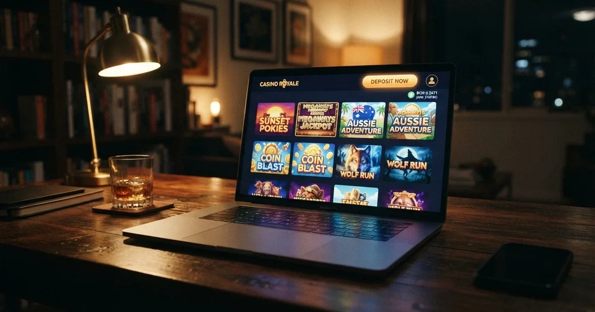 A laptop screen showing a Bitcoin Cash casino lobby with a BCH deposit option highlighted and an AUD balance displayed alongside