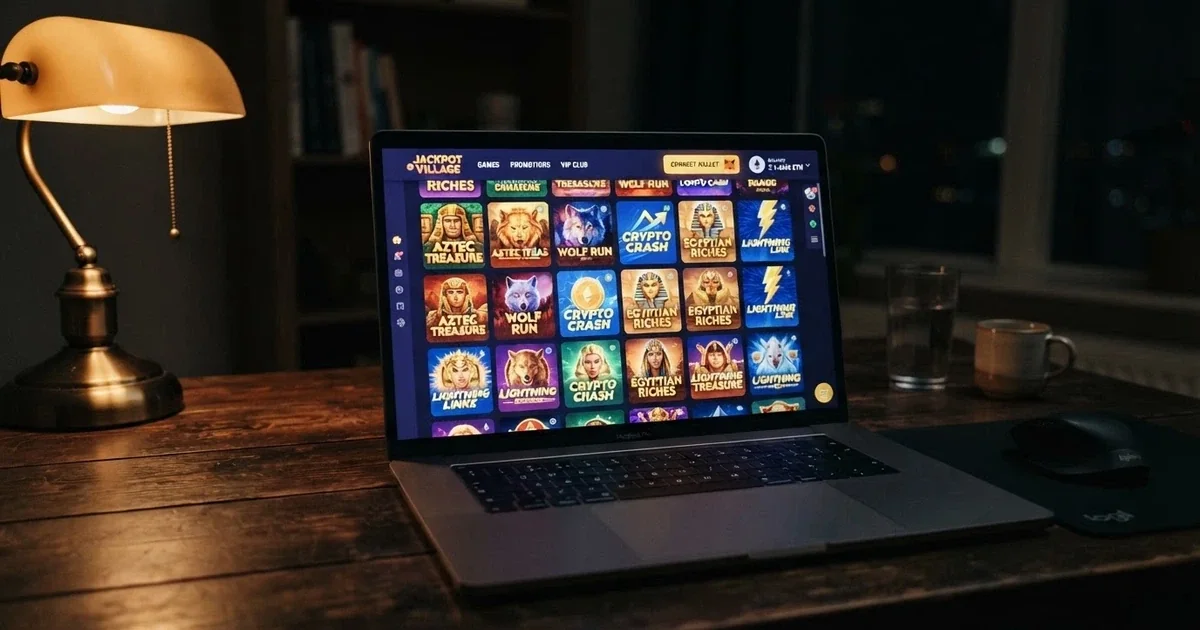 A laptop screen showing an Ethereum casino lobby with a crypto wallet connect button and a row of pokies thumbnails