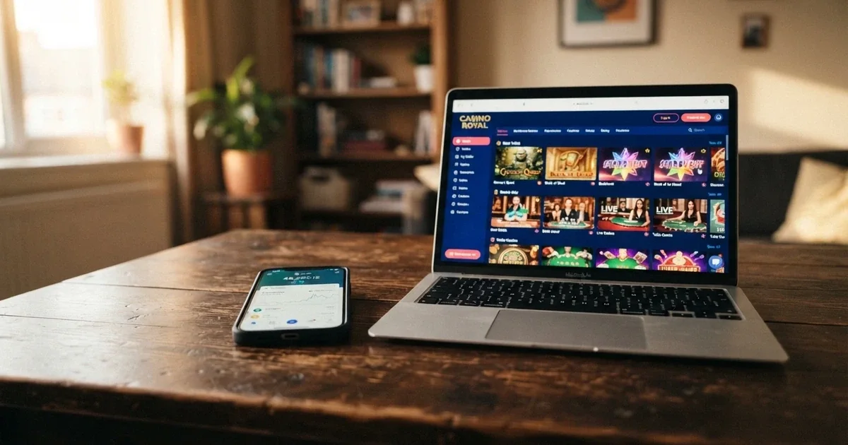 A smartphone screen showing a cryptocurrency wallet app with a USDT balance beside a laptop displaying an online casino lobby