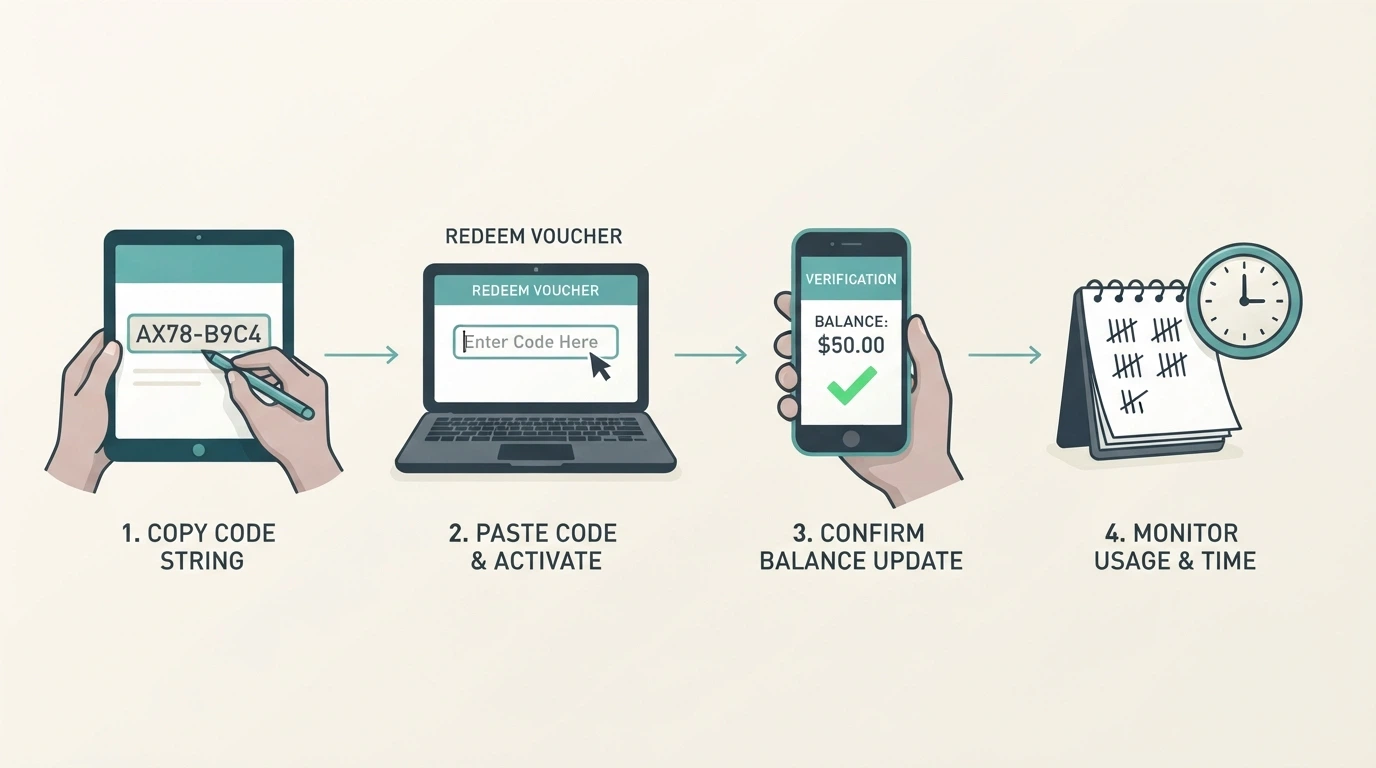 A simplified four-step visual flow — copy code, enter at cashier, check activation, track wagering — with icons for each step