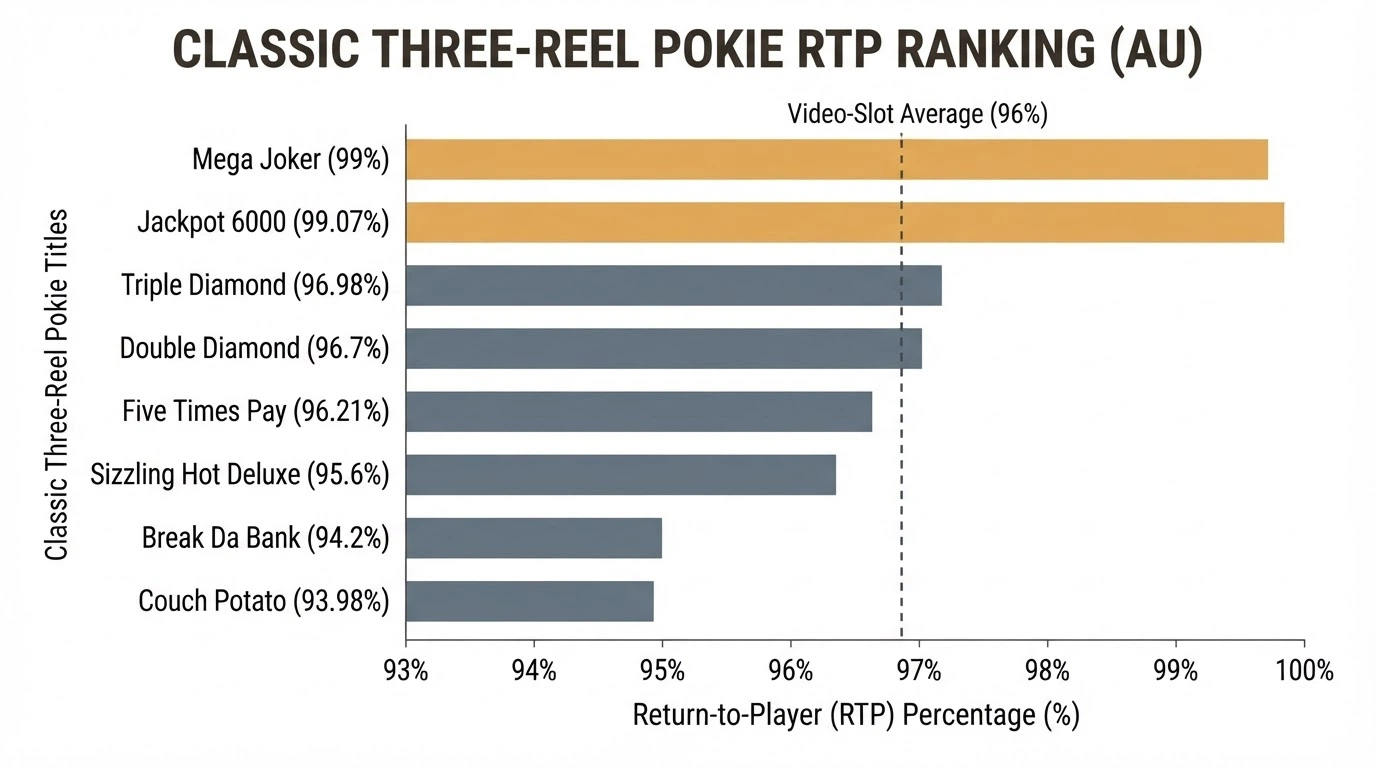 A visual chart ranking classic 3-reel pokie titles by RTP percentage, with Mega Joker and Ugga Bugga at the top above 99%