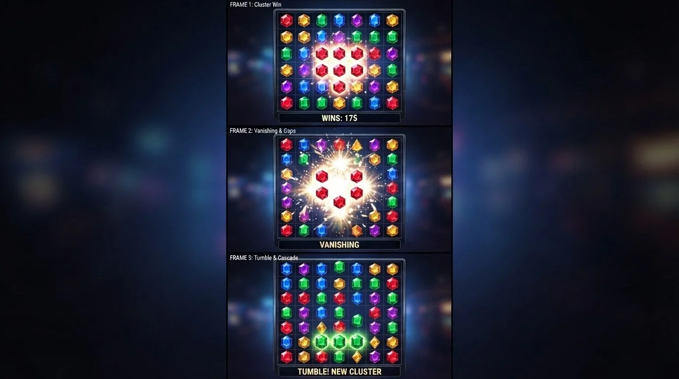 Three frames of a 7×7 grid showing a cluster-pays cascade sequence — symbols drop, a winning cluster highlights and new symbols tumble in to replace them