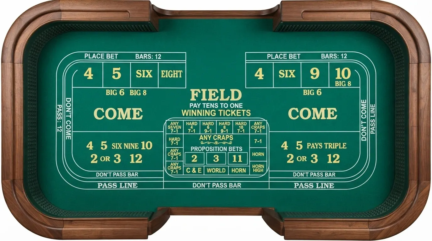 An overhead view of a full craps table layout with the Pass Line, Don't Pass bar, Come, Field, and Place bet areas clearly labelled