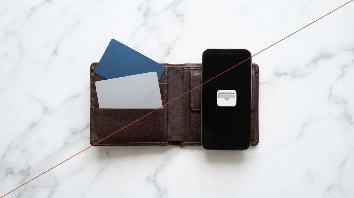 A wallet with Australian debit and credit cards fanned out, with the credit cards crossed out in red and a smartphone showing a crypto wallet icon similarly marked