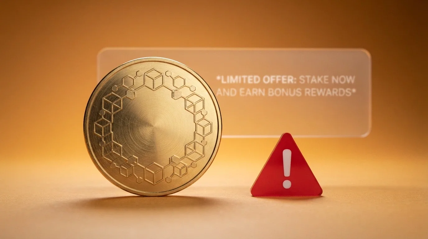 A Bitcoin token beside a casino welcome bonus banner, with a warning triangle overlaying the connection between them
