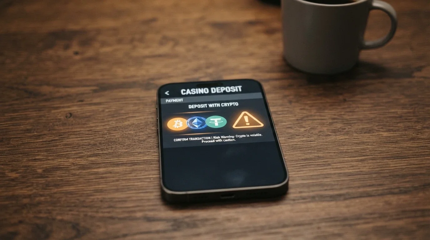 A casino deposit screen showing cryptocurrency options beside a warning icon linked to the Australian credit/crypto payment ban
