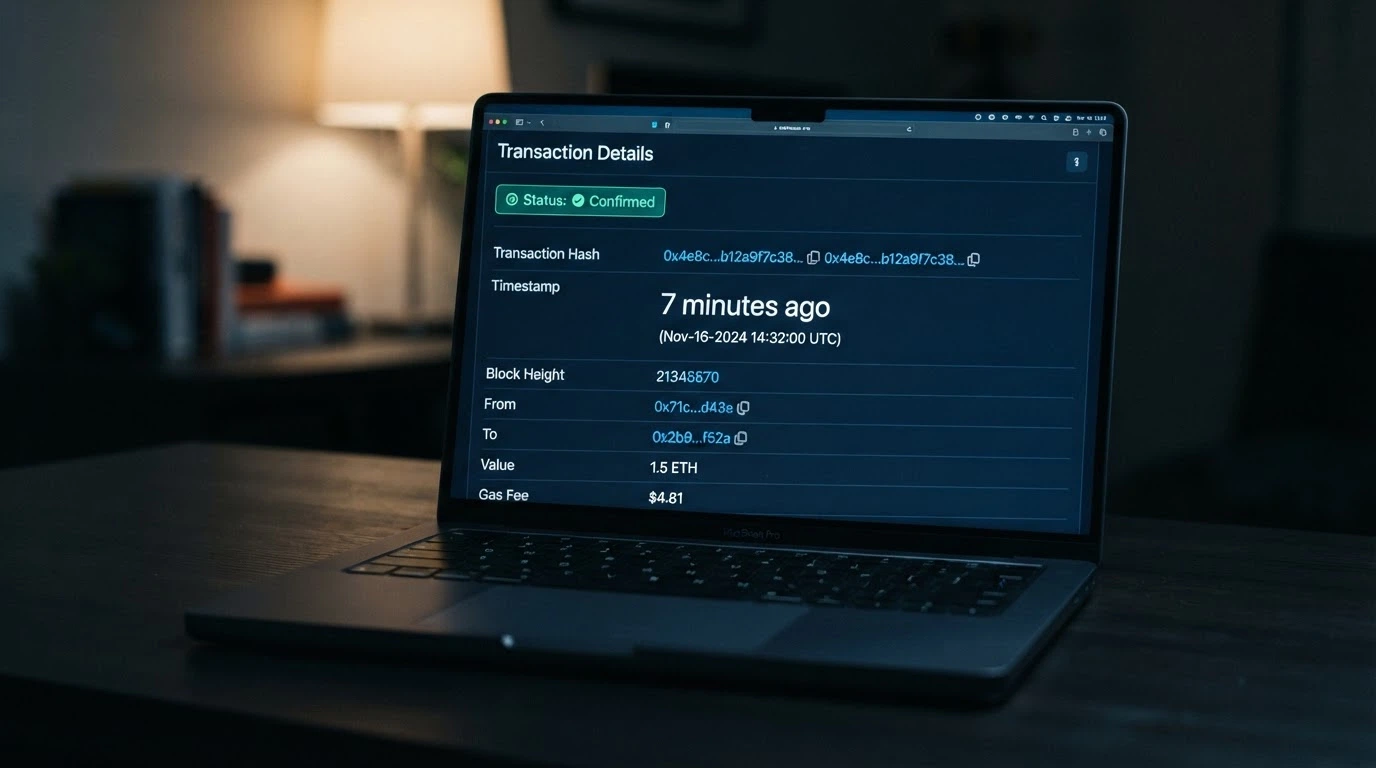 A blockchain explorer screen showing a confirmed USDT transaction with a timestamp under ten minutes