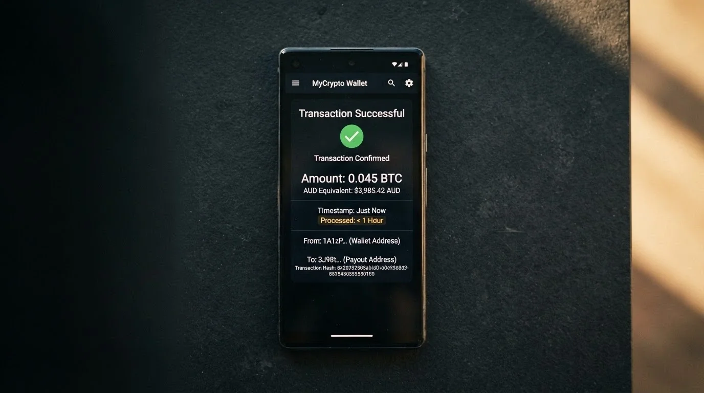 A crypto wallet transaction screen showing a confirmed casino payout with a timestamp