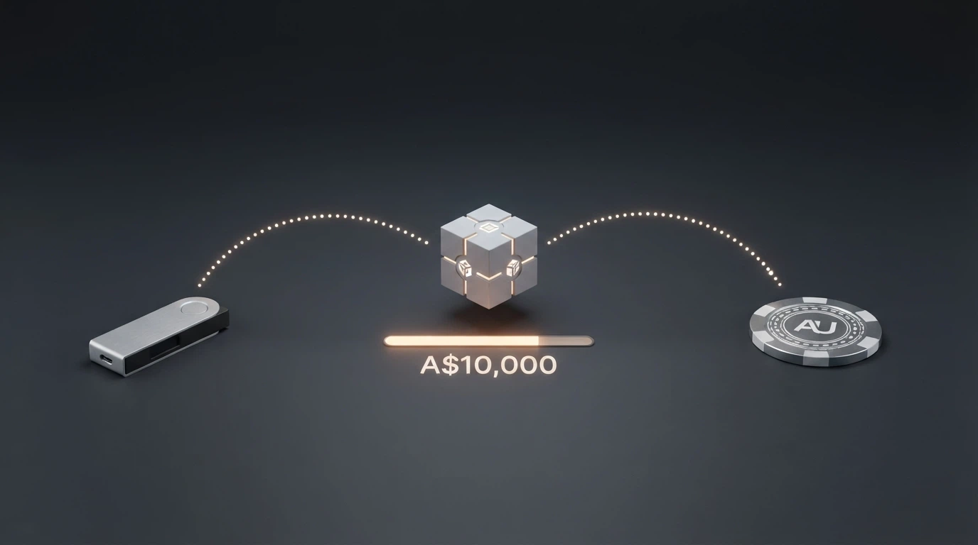 A simplified flow diagram showing a crypto wallet sending funds to a casino address, with the AUSTRAC A$10,000 threshold marked as a reporting trigger point