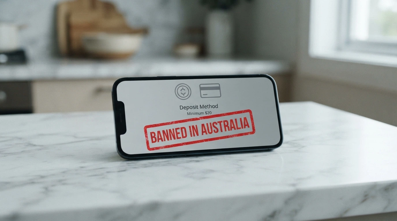 A smartphone showing a casino deposit screen with Bitcoin and credit-card options, overlaid with a red “Banned in Australia — since 11 June 2024” stamp