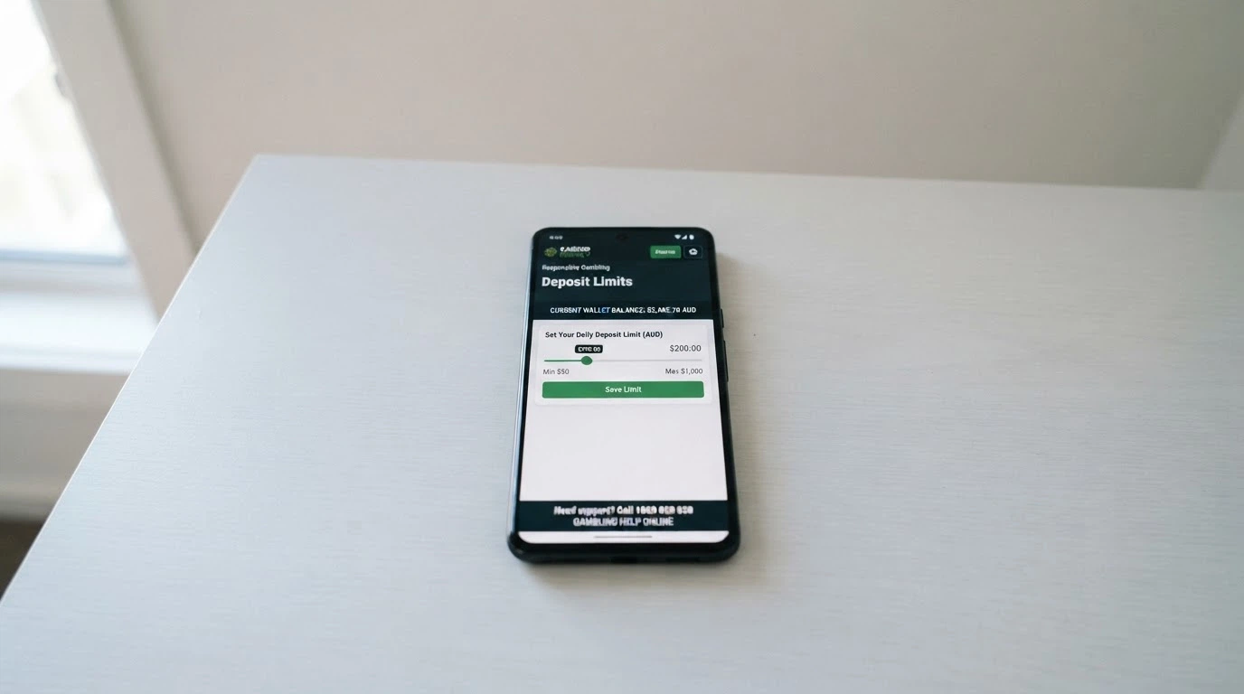 A smartphone screen showing a deposit-limit setting interface with a crypto wallet balance visible, and the Gambling Helpline number displayed at the bottom