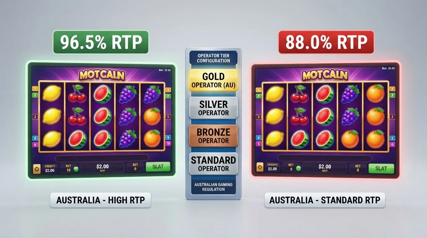 A comparison diagram showing two versions of the same pokie title side by side — one labelled “Operator A — 96.5% RTP” and the other “Operator B — 88.0% RTP” — with the Pragmatic Play 4-tier selector highlighted between them
